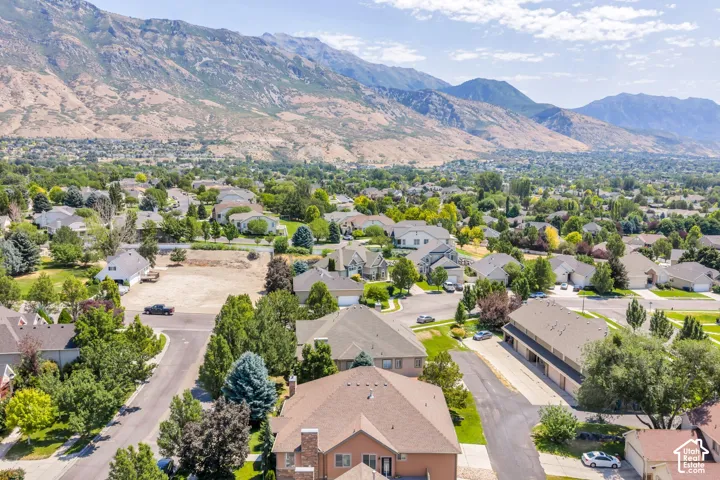 Residential neighborhood with varied home styles and mature trees, set against a backdrop of natural mountain terrain
