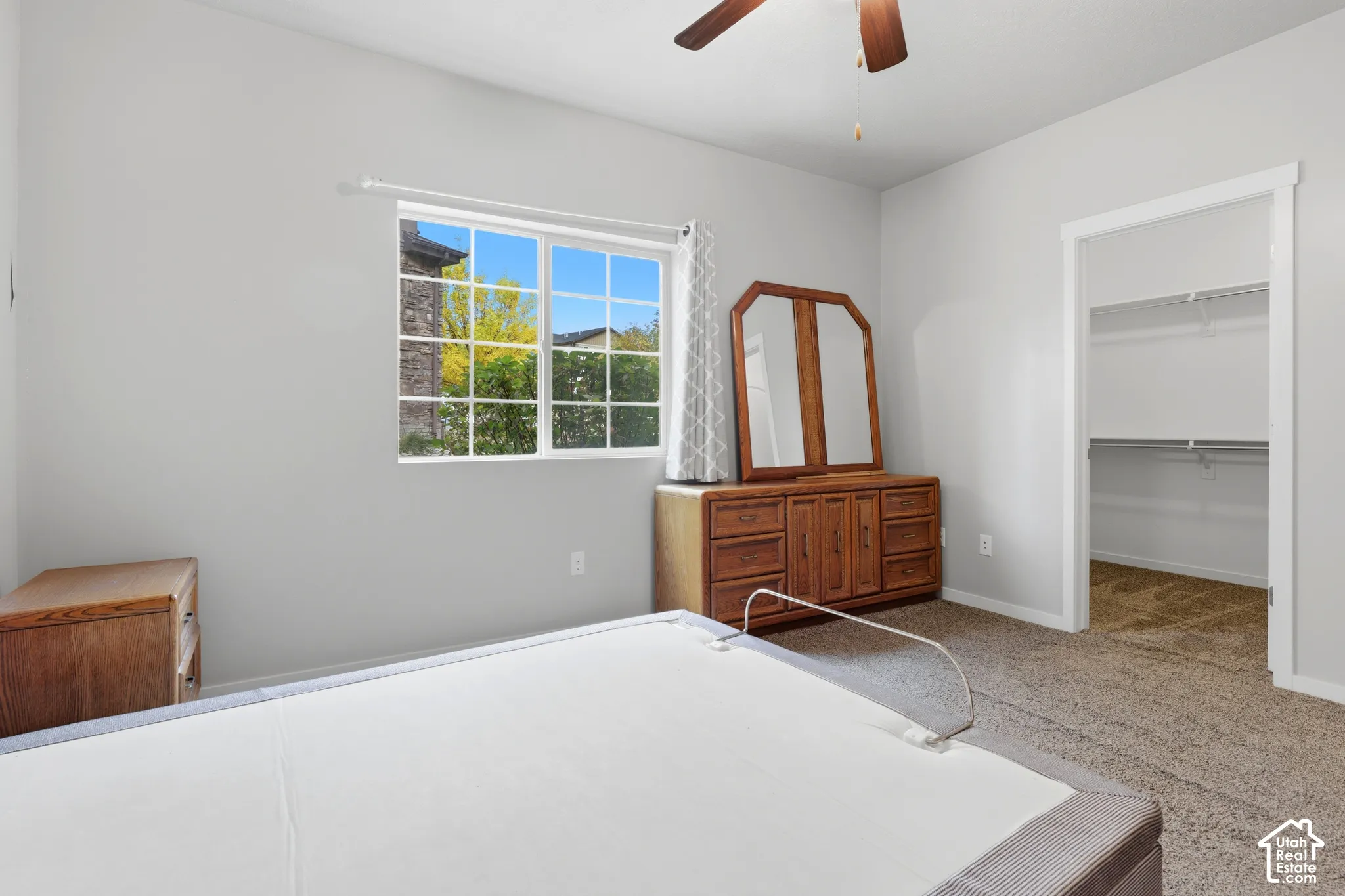 Neutral-toned bedroom featuring carpeted flooring, a ceiling fan, grid-patterned window, and a walk-in closet