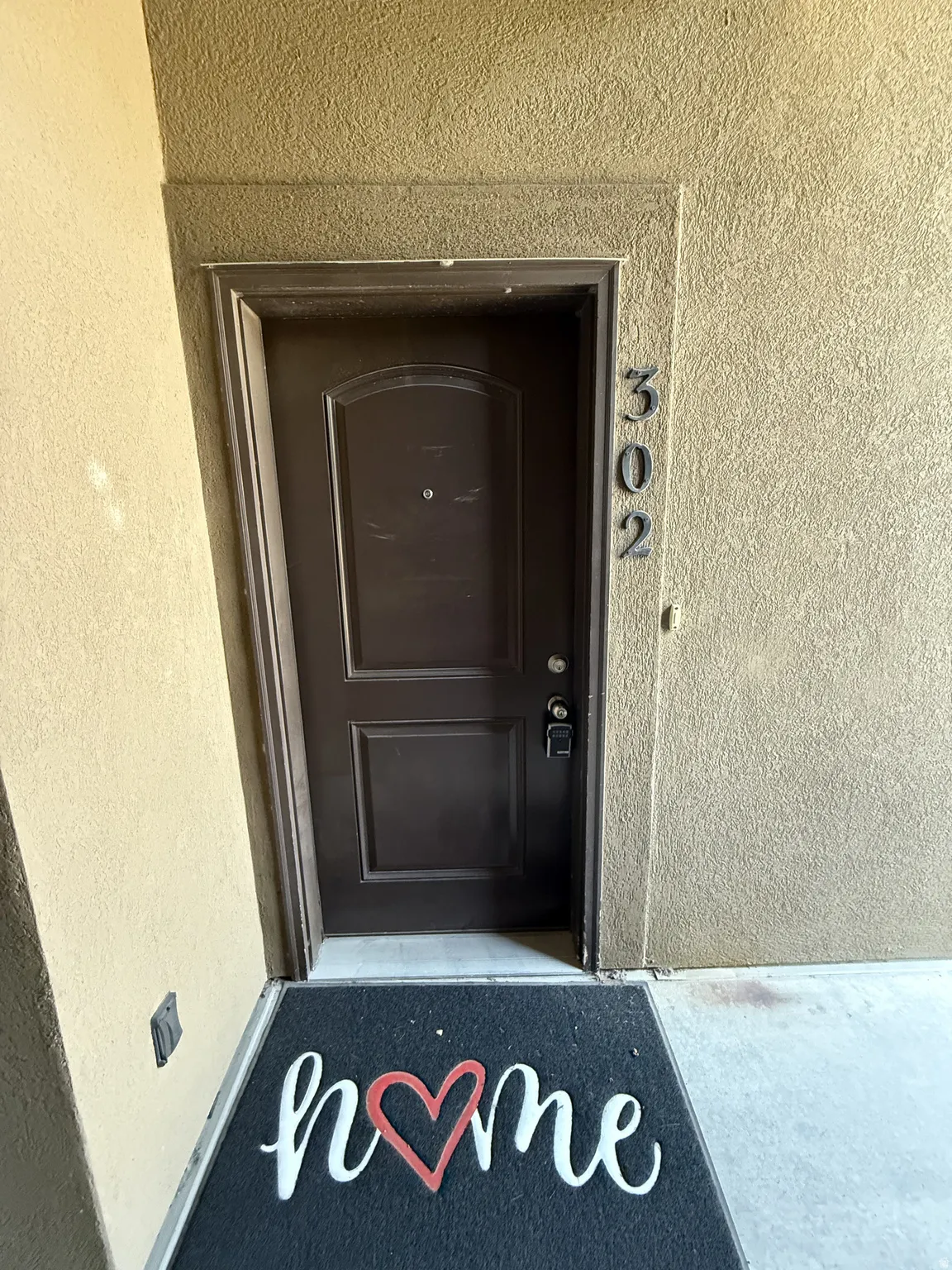Panel door with integrated trim and contrasting dark hardware