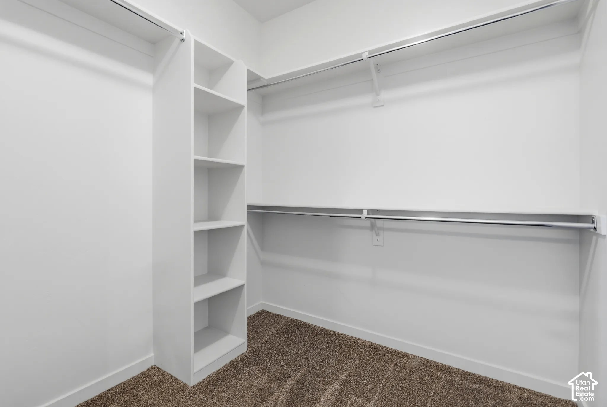 Walk-in closet featuring white built-in shelving, dual-tier metal hanging rods, and neutral carpeted flooring