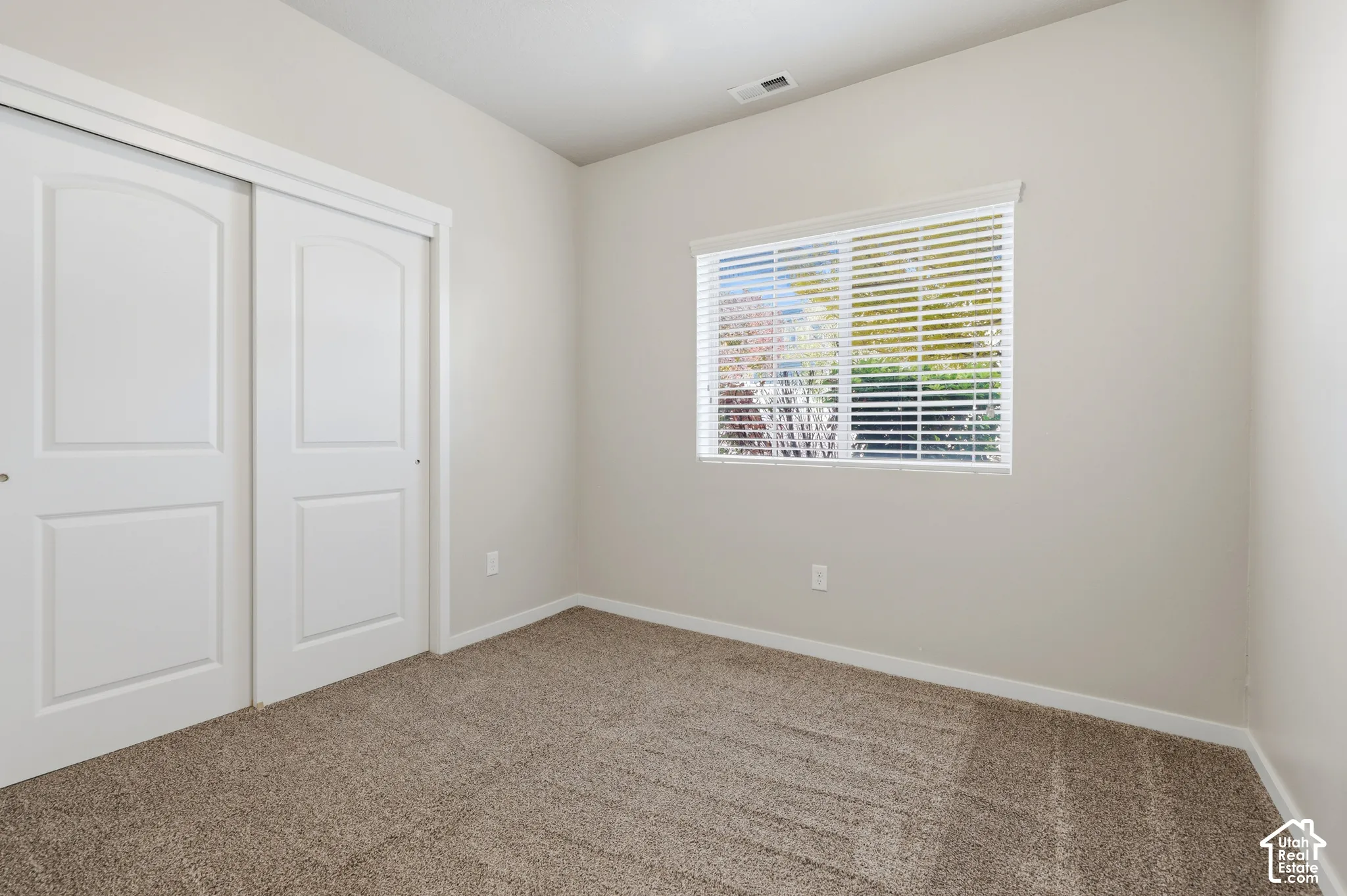 Neutral-toned walls, high-pile carpeting, dual-panel sliding closet doors, and a window with horizontal blinds
