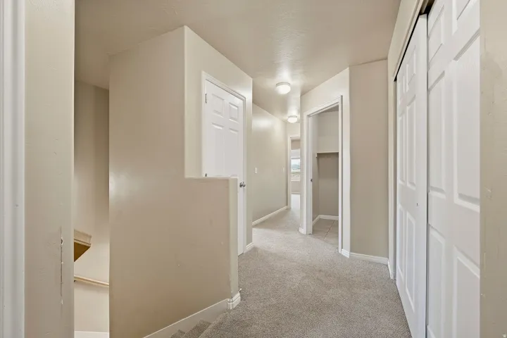 Interior hallway featuring neutral wall paint, light-colored carpeting, multiple overhead flush-mount lights, panel doors, and built-in closet storage