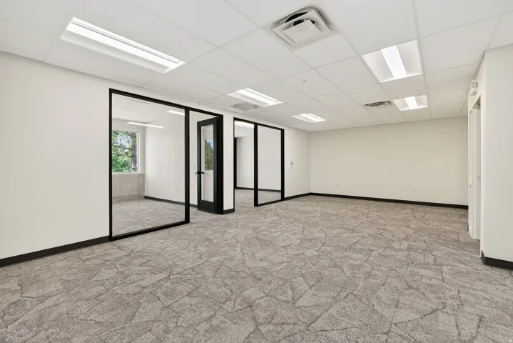 Open-plan interior with patterned carpet flooring, white walls, and a drop ceiling with recessed lighting