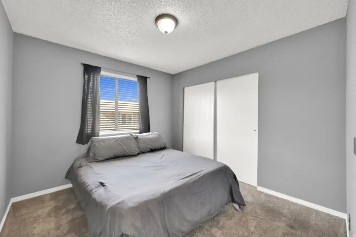 Recessed window with blinds, two sliding closet doors, ceiling-mounted light fixture, and carpet flooring