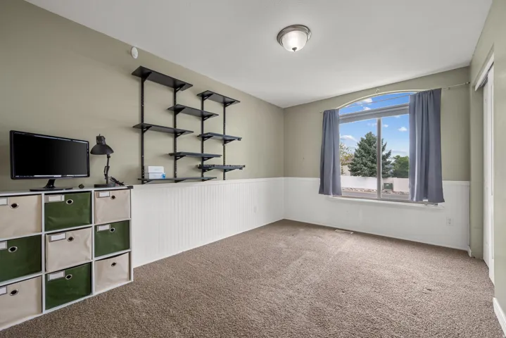 Arch-top window, beadboard wainscoting, wall-mounted shelving, overhead light fixture, and carpet flooring