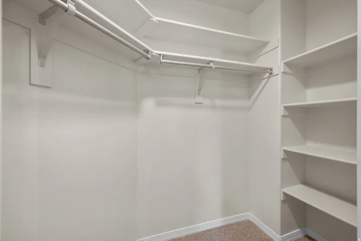 Spacious walk-in closet featuring double hanging rods with integrated lighting, built-in shelving along the side wall, and carpeted flooring