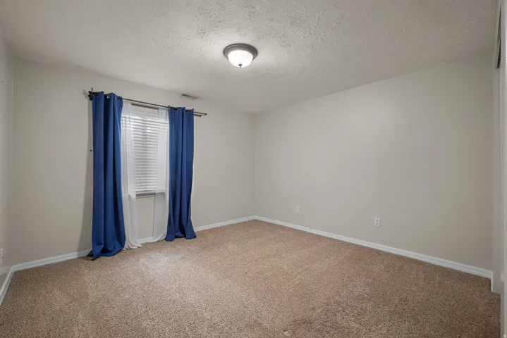 Neutral wall paint, textured ceiling, flush mount ceiling light fixture, window with blinds