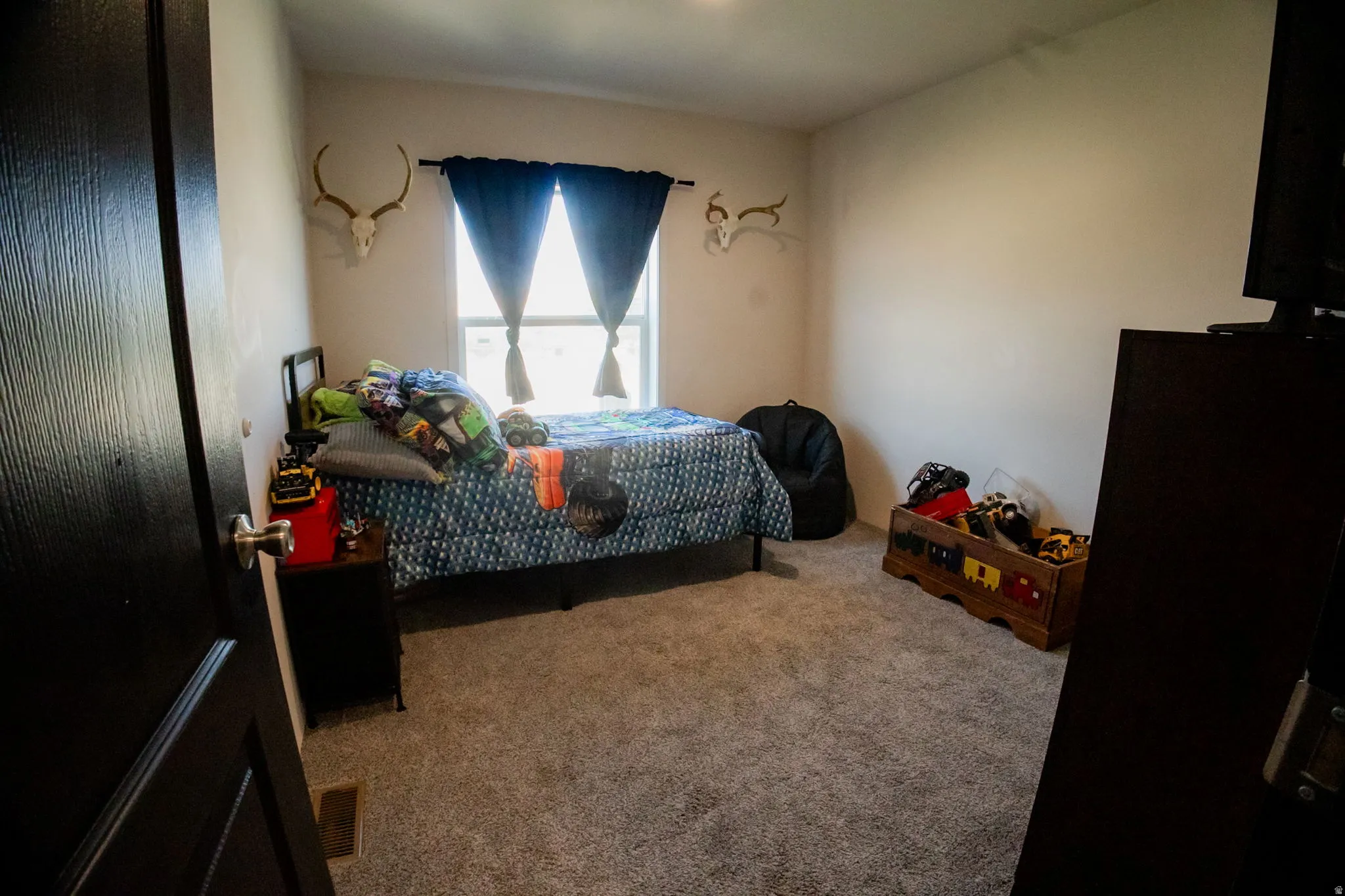 Carpeted room featuring a window with blue drapes, light-toned walls, and a dark-paneled door