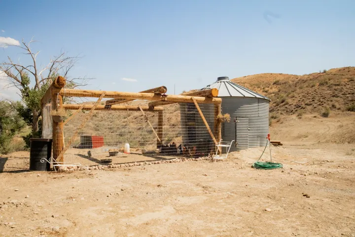 Corrugated metal grain silo with a conical roof and a timber-framed, fenced enclosure
