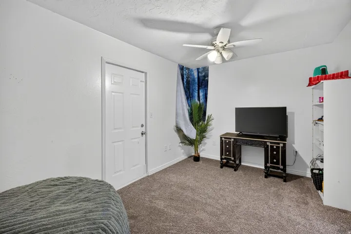 Carpeted room with a ceiling fan light fixture