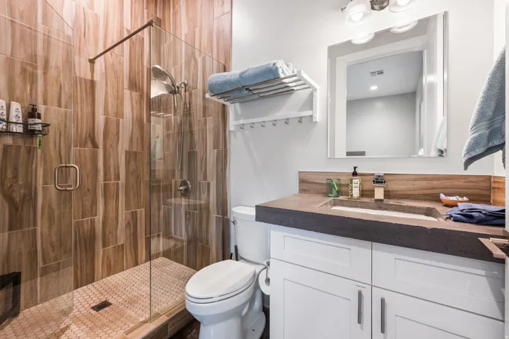 Contemporary bathroom featuring a walk-in shower with wood-look tile surround and glass enclosure