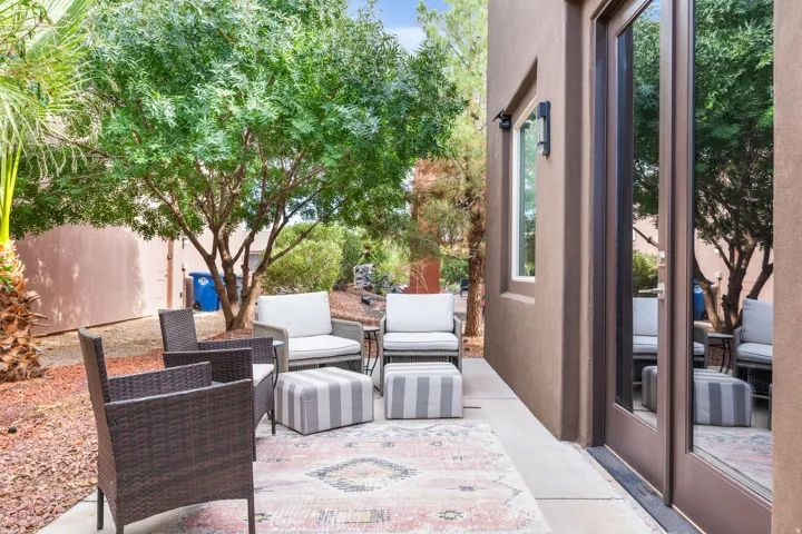 Private patio area featuring a concrete surface and decorative rug