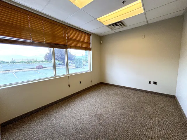 Spacious room featuring broad windows with wood-finish blinds, neutral-toned walls, and textured carpet flooring
