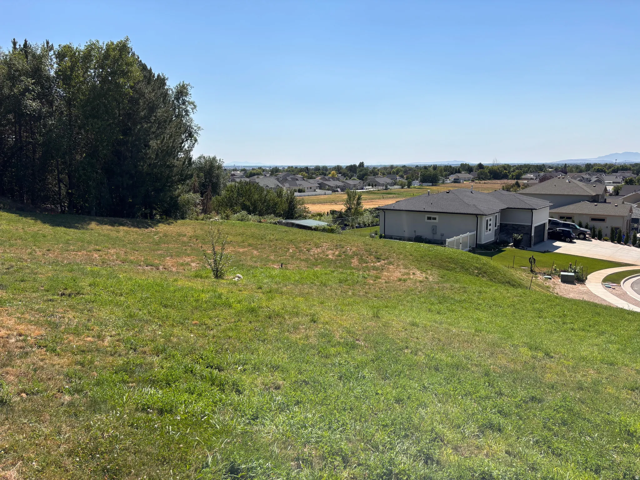 Expansive grassy lot featuring a gentle slope, mature trees bordering one side, and a distant residential area