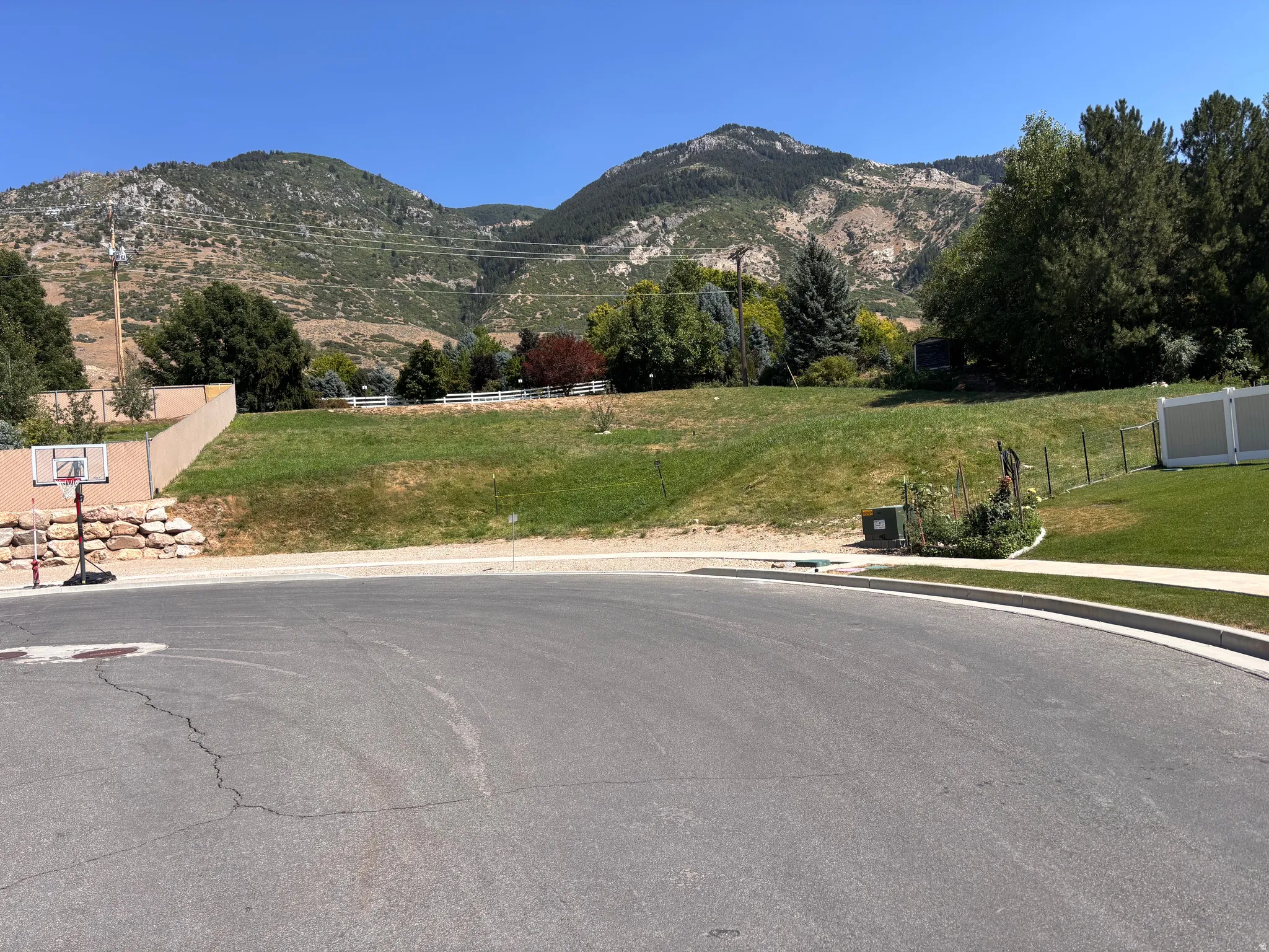 Expansive lot featuring a sloped, grassy terrain with mature trees and mountain scenery