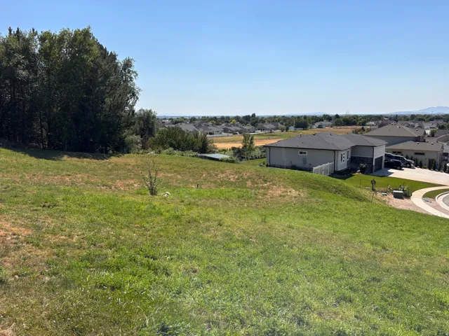 Expansive grassy lot featuring a gentle slope, mature trees bordering one side, and a distant residential area