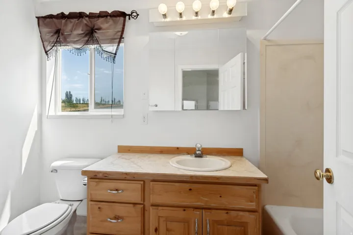 Bathroom featuring a light wood vanity with a built-in sink, a wall-mounted mirrored medicine cabinet, and a white toilet