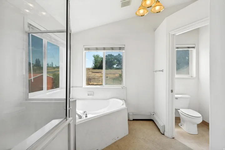 Bathroom featuring an angled soaking tub, a separate shower enclosure with glass panels, and an independent water closet
