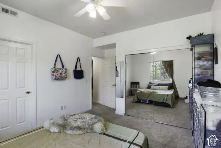 Ceiling fan with integrated lighting, mirrored closet doors, paneled interior doors, and neutral carpeting