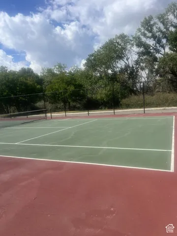Tennis court with green playing surface and red perimeter, bordered by a black chain-link fence and mature trees