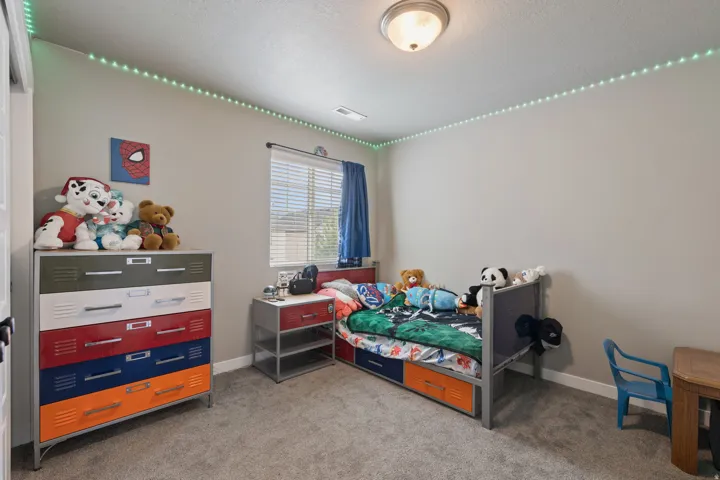 Neutral wall paint, ceiling-mounted light fixture, carpeting, and a window with blinds