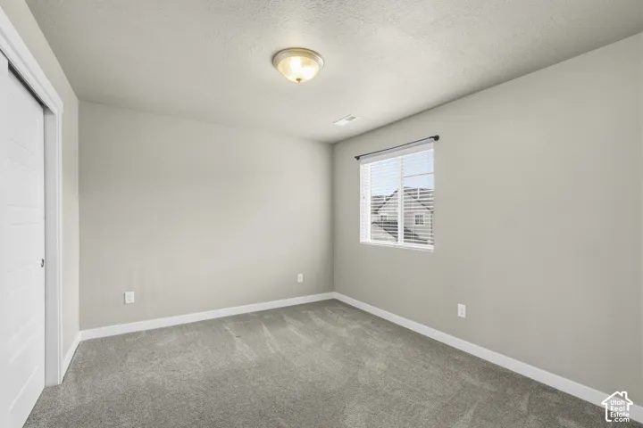 Interior room featuring neutral wall paint, wall-to-wall carpeting, a single-panel closet door, and a multi-pane window with white blinds