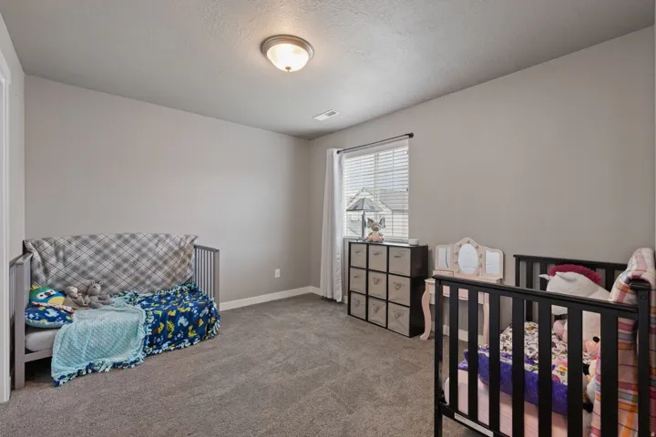 Wall-to-wall carpeting with light gray walls, a window with blinds and curtains, and a flush mount ceiling light