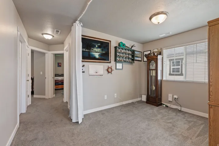 Plush carpeting, neutral wall color, and a window with blinds providing natural illumination