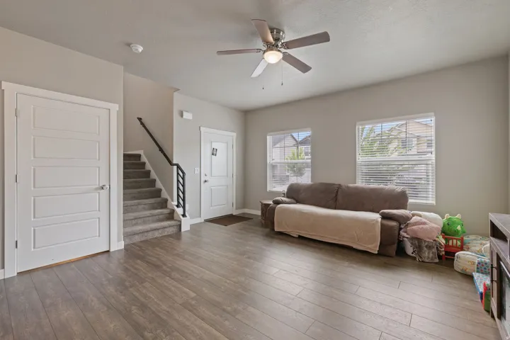 Wood-finish flooring throughout the main area
