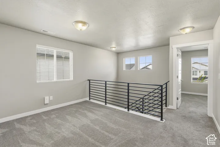 Open-concept interior featuring neutral wall tones, wall-to-wall carpeting, black metal horizontal railing, and multiple grid-pattern windows