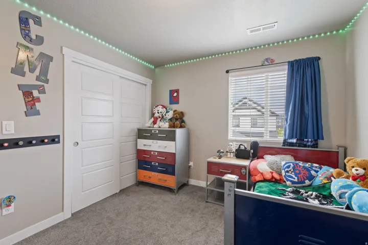 Plush carpet flooring, a multi-pane window with blinds, and a built-in sliding closet