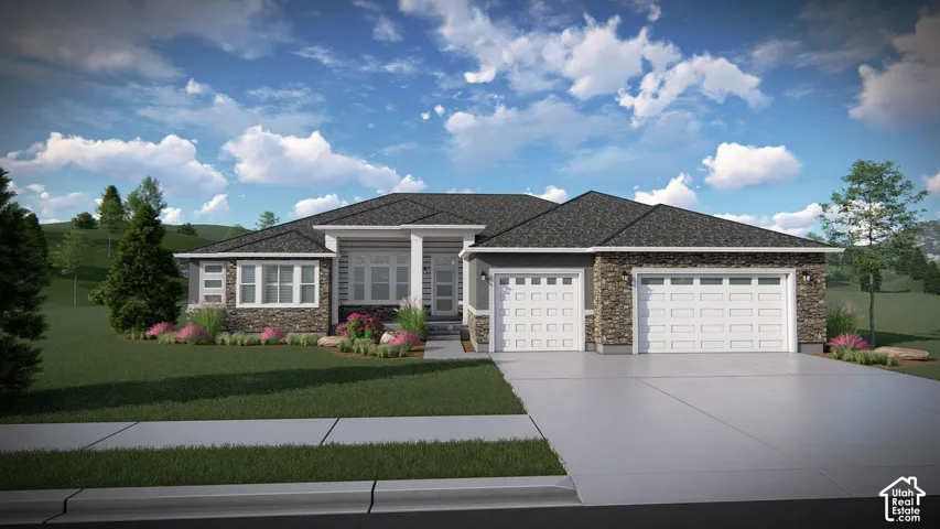 Contemporary home featuring a stone and siding exterior, a multi-pane front window, dual garage doors, and a landscaped front yard with plantings
