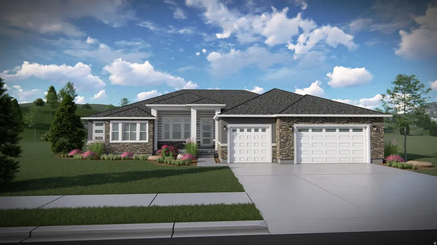 Contemporary home featuring a stone and siding exterior, a multi-pane front window, dual garage doors, and a landscaped front yard with plantings