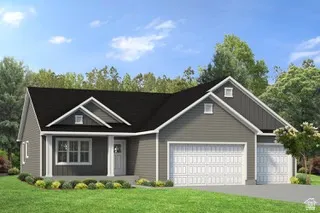 Single-story residence featuring gray siding, a dark roof, and a covered front entry