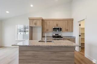 Modern kitchen featuring light wood-finish cabinetry, stainless steel appliances, and a spacious island with a double sink