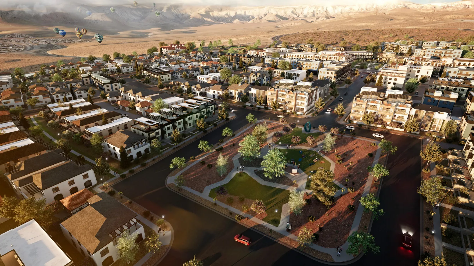 Expansive community featuring diverse architectural styles, a central park with lush landscaping, wide paved streets, and a desert mountain backdrop