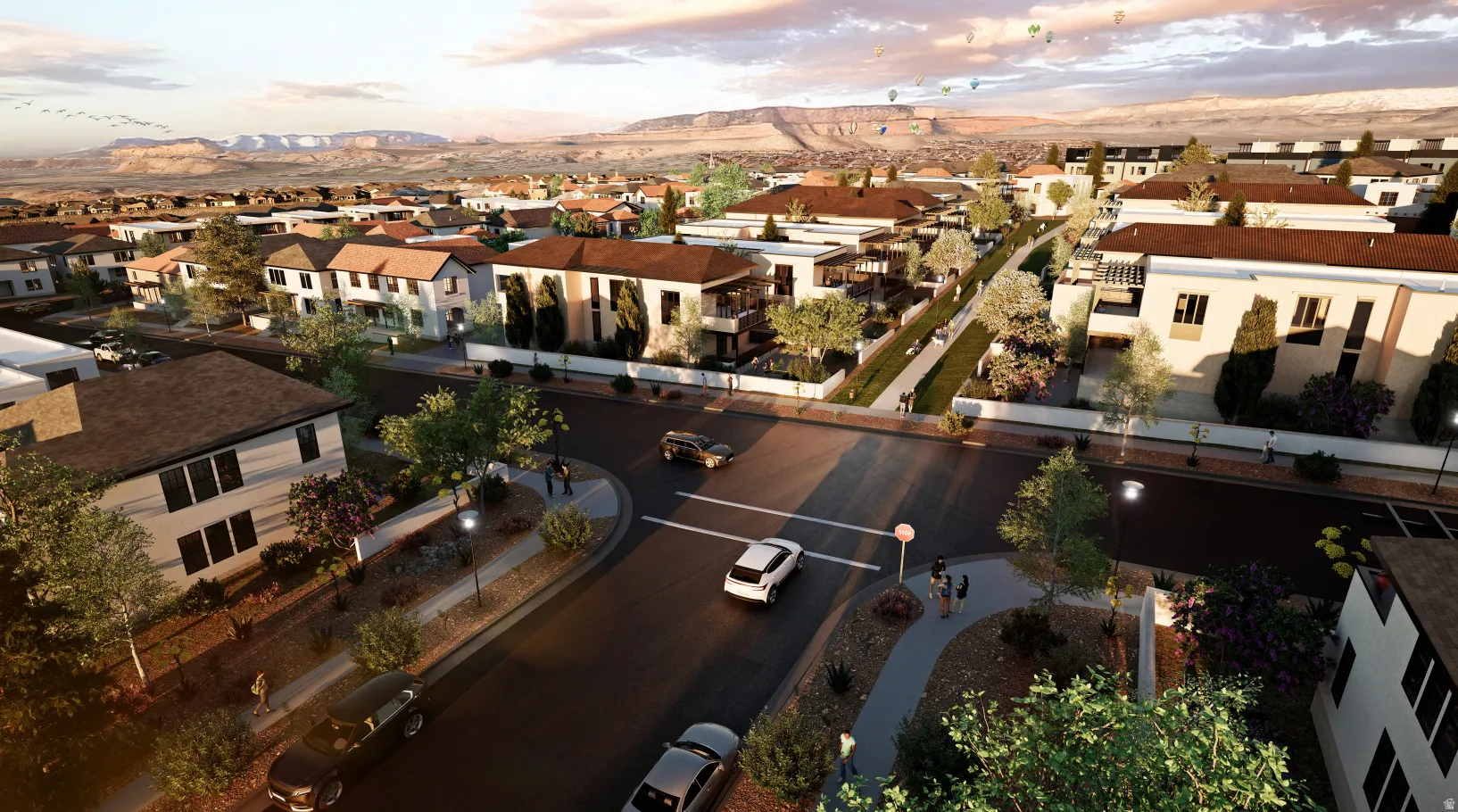 Aerial perspective showcasing a community with varied architectural styles, a street intersection, and mature landscaping