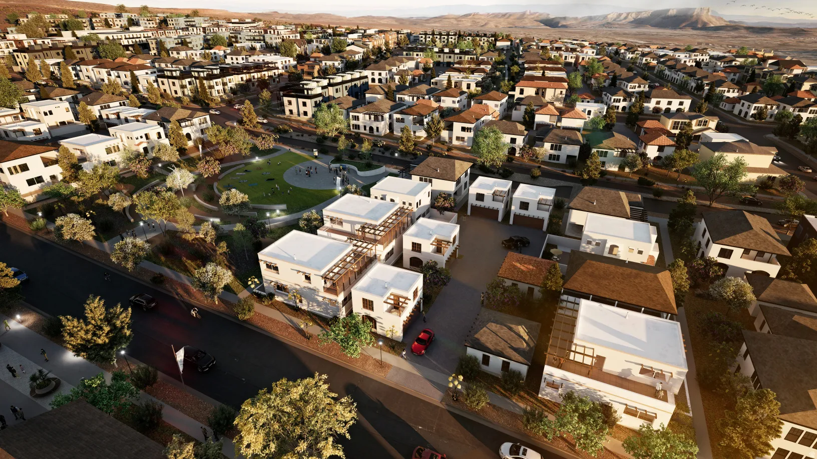 Expansive aerial showcasing a residential community with varied architectural styles