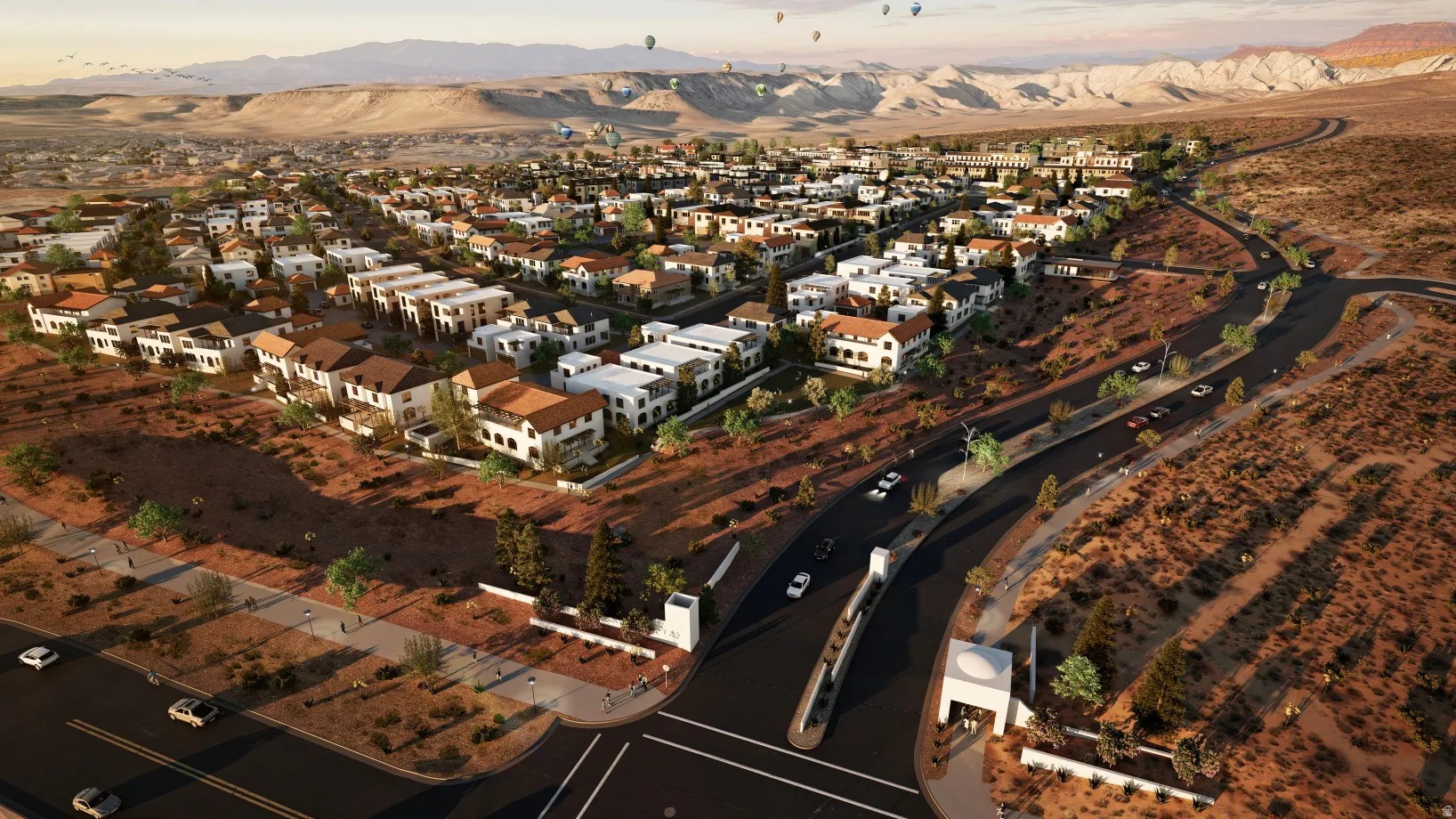 Aerial rendering showcasing a residential community within a desert landscape