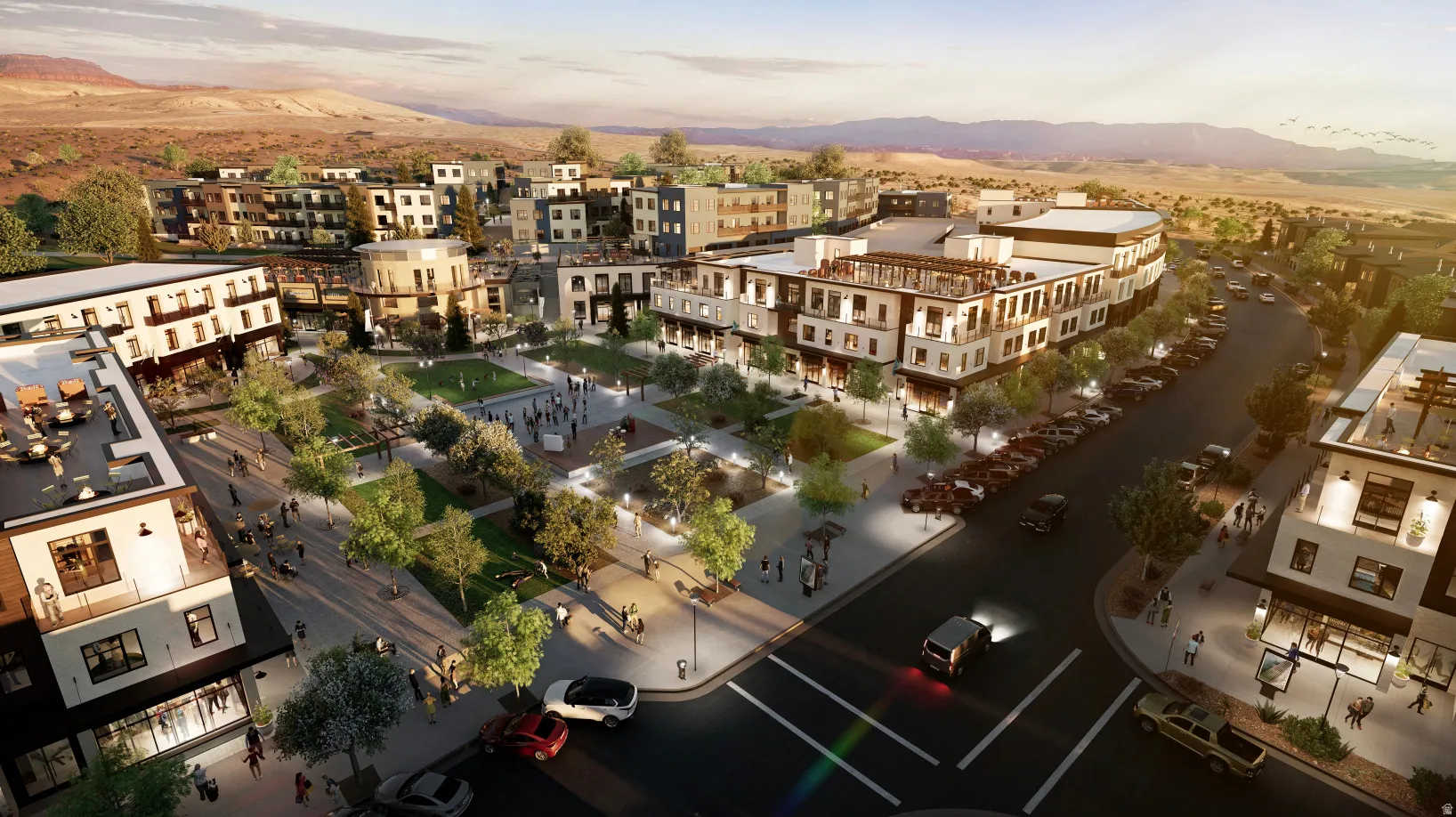 Planned community featuring multi-story buildings, a central green space, paved pathways, pedestrian areas, and structured street parking