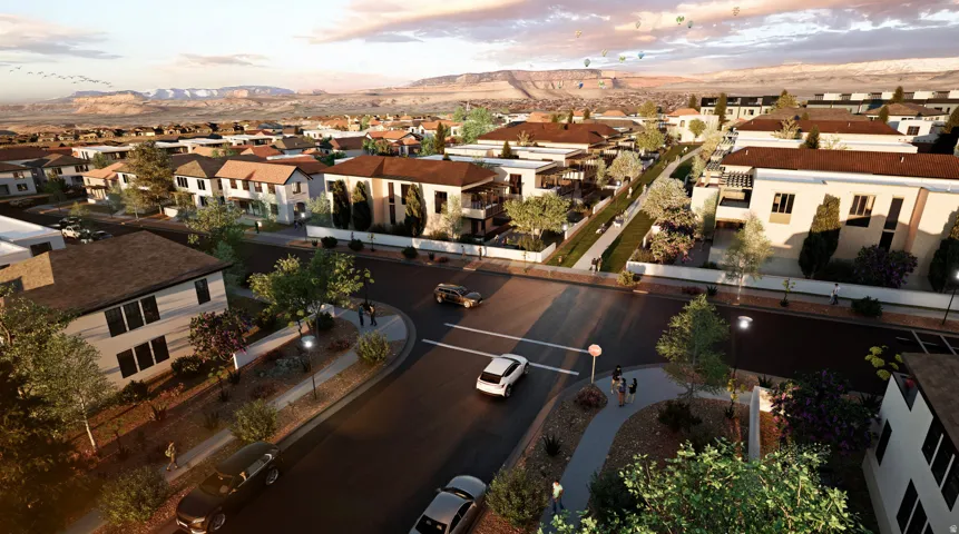 Aerial perspective showcasing a community with varied architectural styles, a street intersection, and mature landscaping