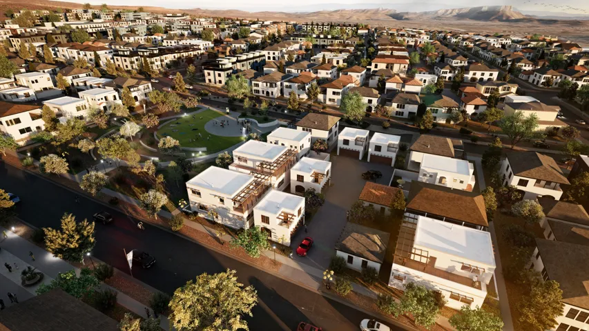 Expansive aerial showcasing a residential community with varied architectural styles