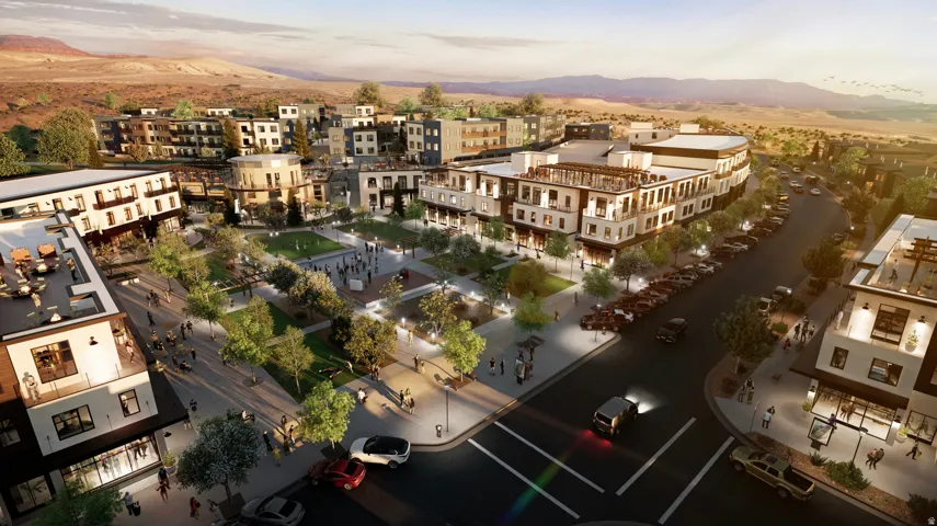 Planned community featuring multi-story buildings, a central green space, paved pathways, pedestrian areas, and structured street parking