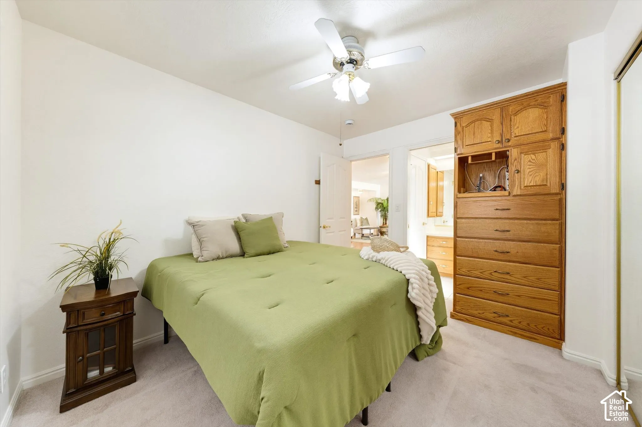 Built-in wood-finish cabinetry, neutral carpeting, and a ceiling fan with integrated lighting