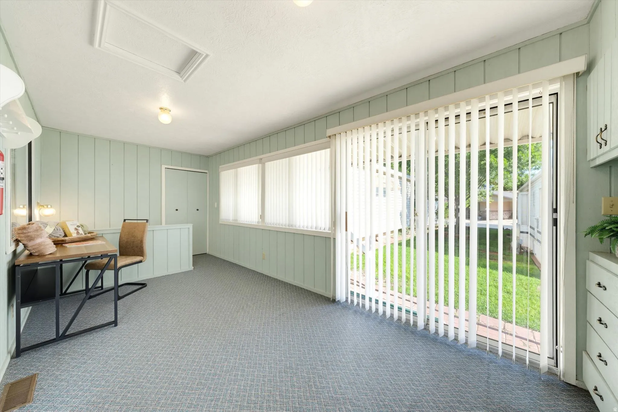Recessed ceiling with an overhead skylight, paneled walls, pattern carpeting, and sliding glass door with vertical blinds