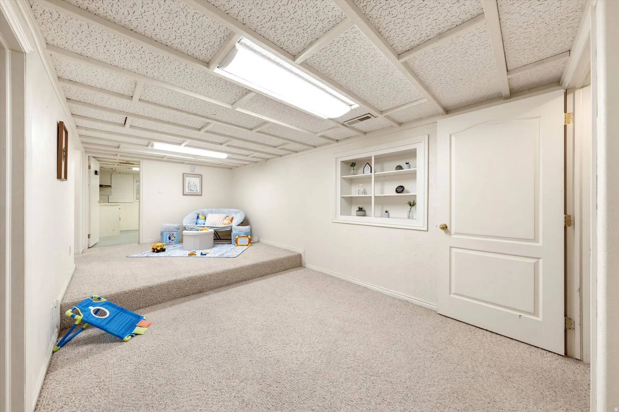 Recessed built-in shelving, white paneled doors, and full carpeting with a raised platform