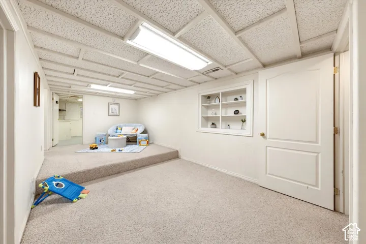 Recessed built-in shelving, white paneled doors, and full carpeting with a raised platform