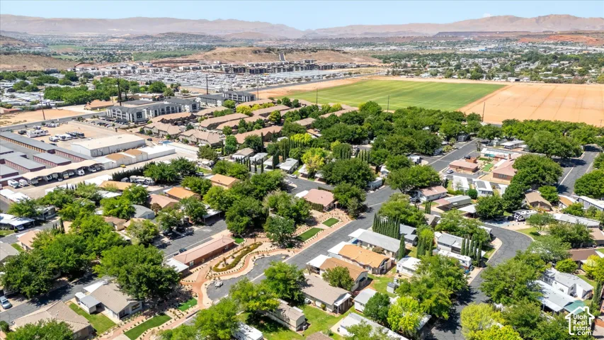 Aerial perspective of a residential neighborhood with mature trees and paved streets