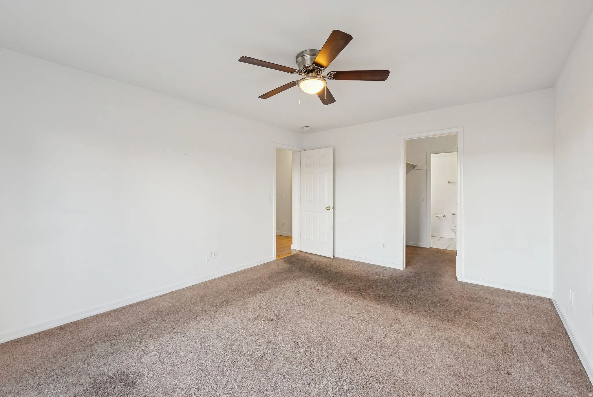 Carpeted room with white walls, featuring a ceiling fan with light fixture