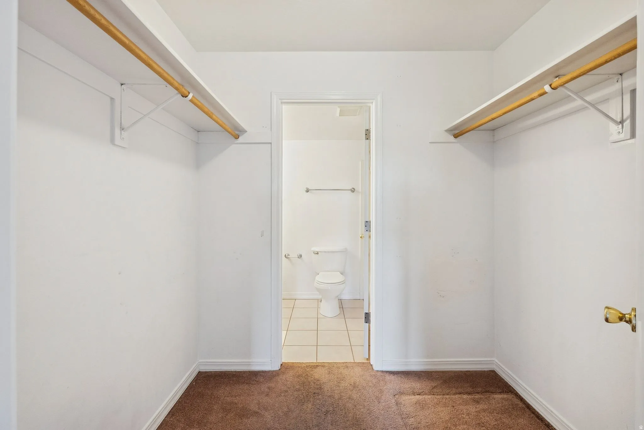 Walk-in closet featuring dual hanging rods with shelving, white painted walls, and brown carpeting